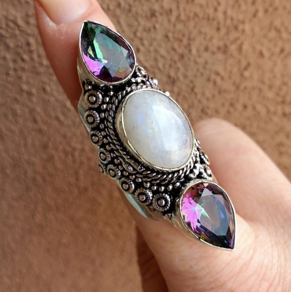 New Rainbow Moonstone & Mystic Topaz Silver Statement Ring. - Picture 2 of 11